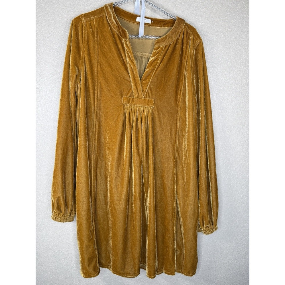 Easel Women's  Soft Mustard  Velvet Tunic Sz M‎ Boho Empire Waist V Neck